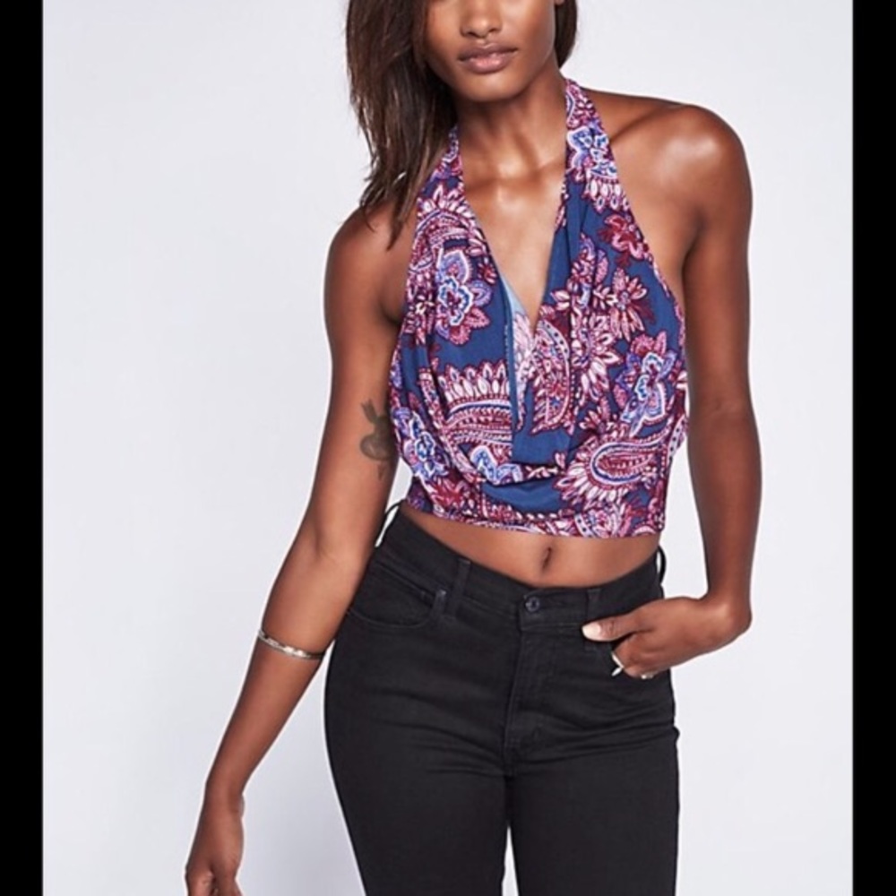 Free People paisley cowl neck halter crop top